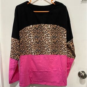 Long sleeve pink, black leopard blouse (C237)